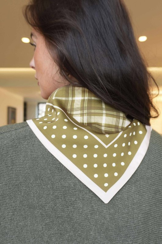 Plaid & Polka Border Triangle Silk Neckerchief Olive